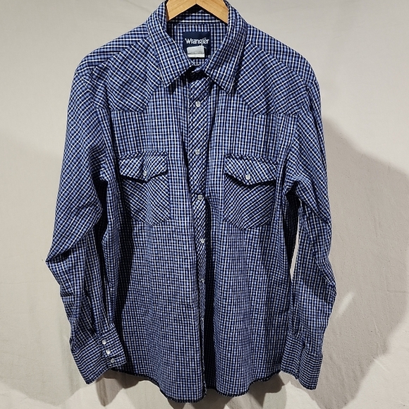 Wrangler Western Shirts Men's Blue Checkered Shirt Pearl Snap‎ Lightweight Large - Picture 1 of 12